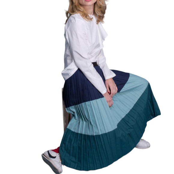 Motoreta Florence Pleated Maxi Skirt Elastic Band Color Block Blue Green Size Sm - Picture 2 of 16